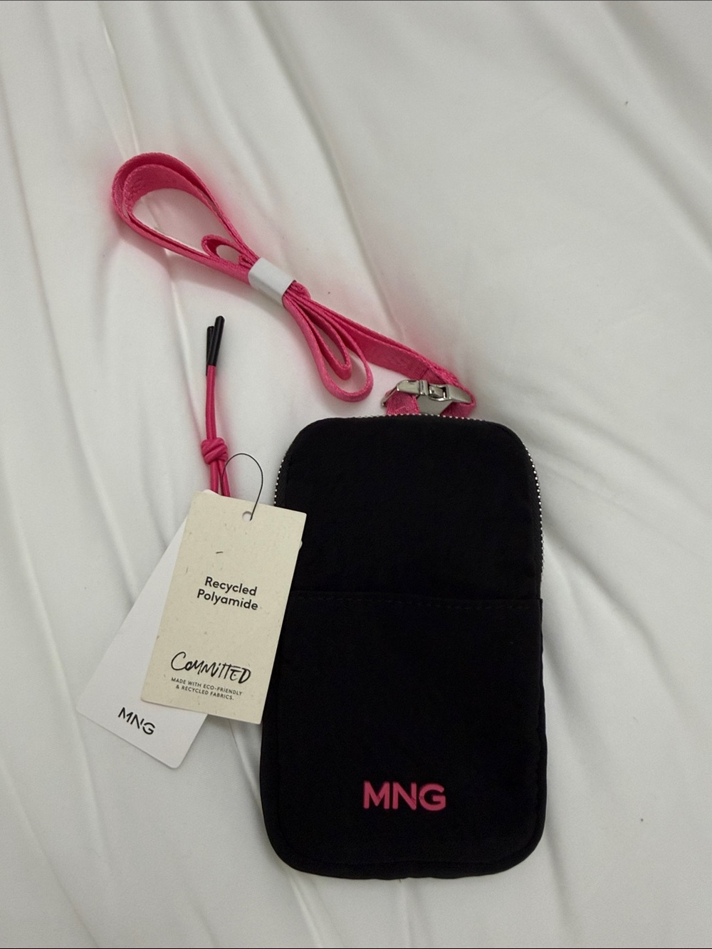 Mango Black Phone Crossbody Pouch with Pink Strap